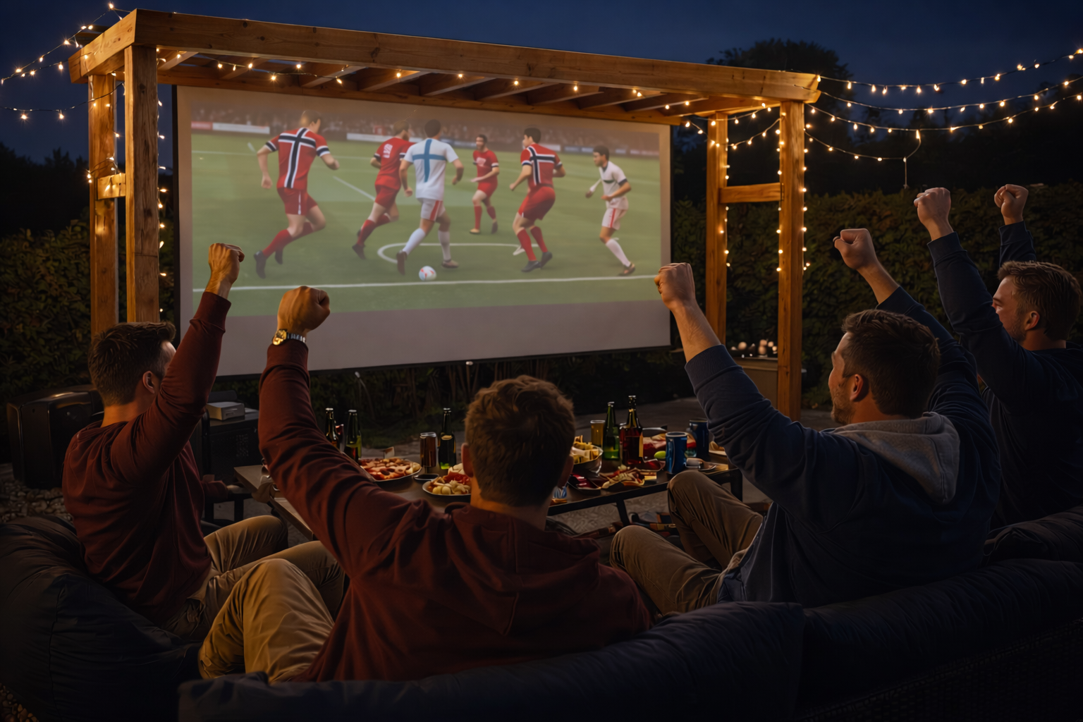 Utekino i hage med projektor som viser fotballkamp