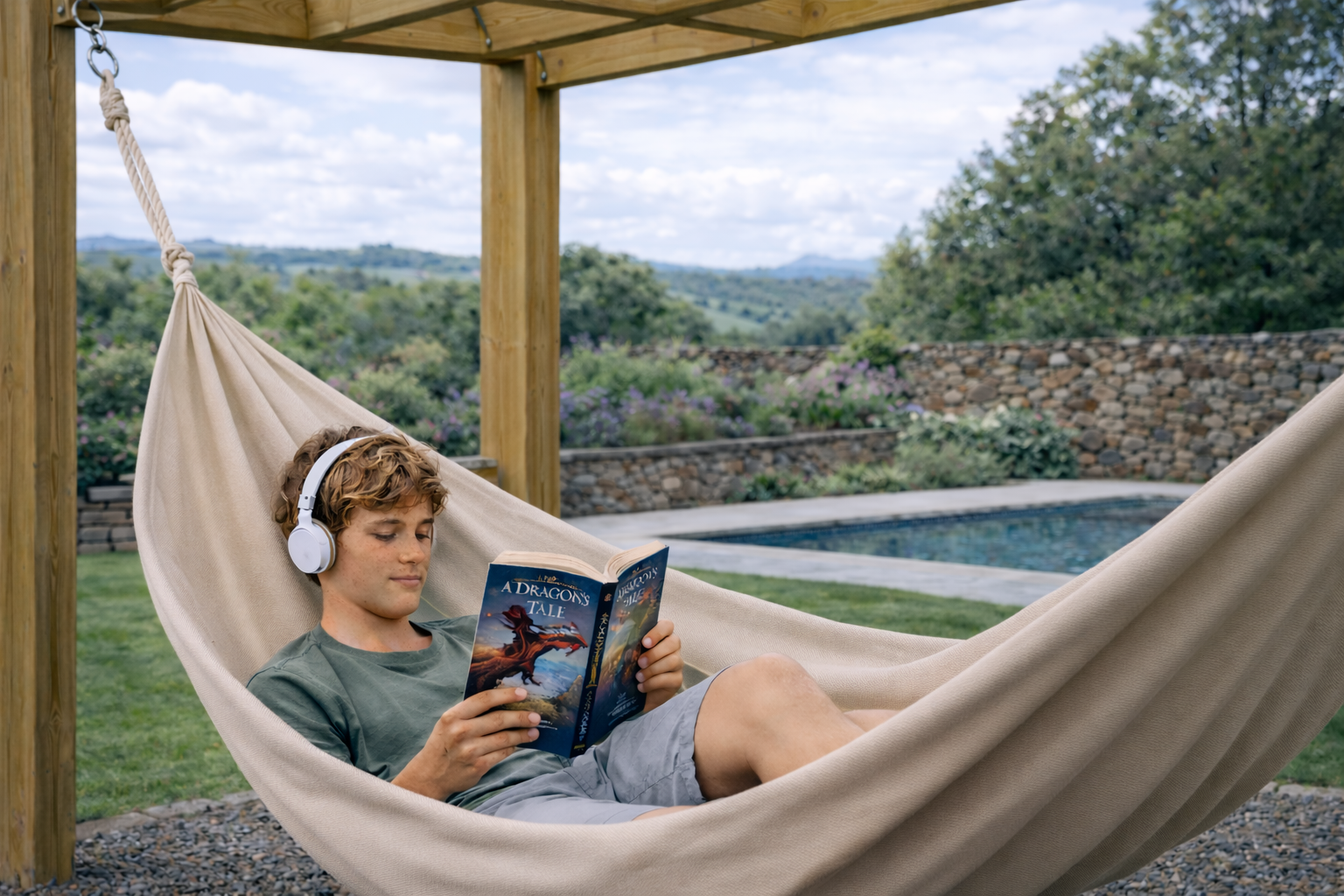 Utekino i hage brukt som avslapningsområde med hengekøye