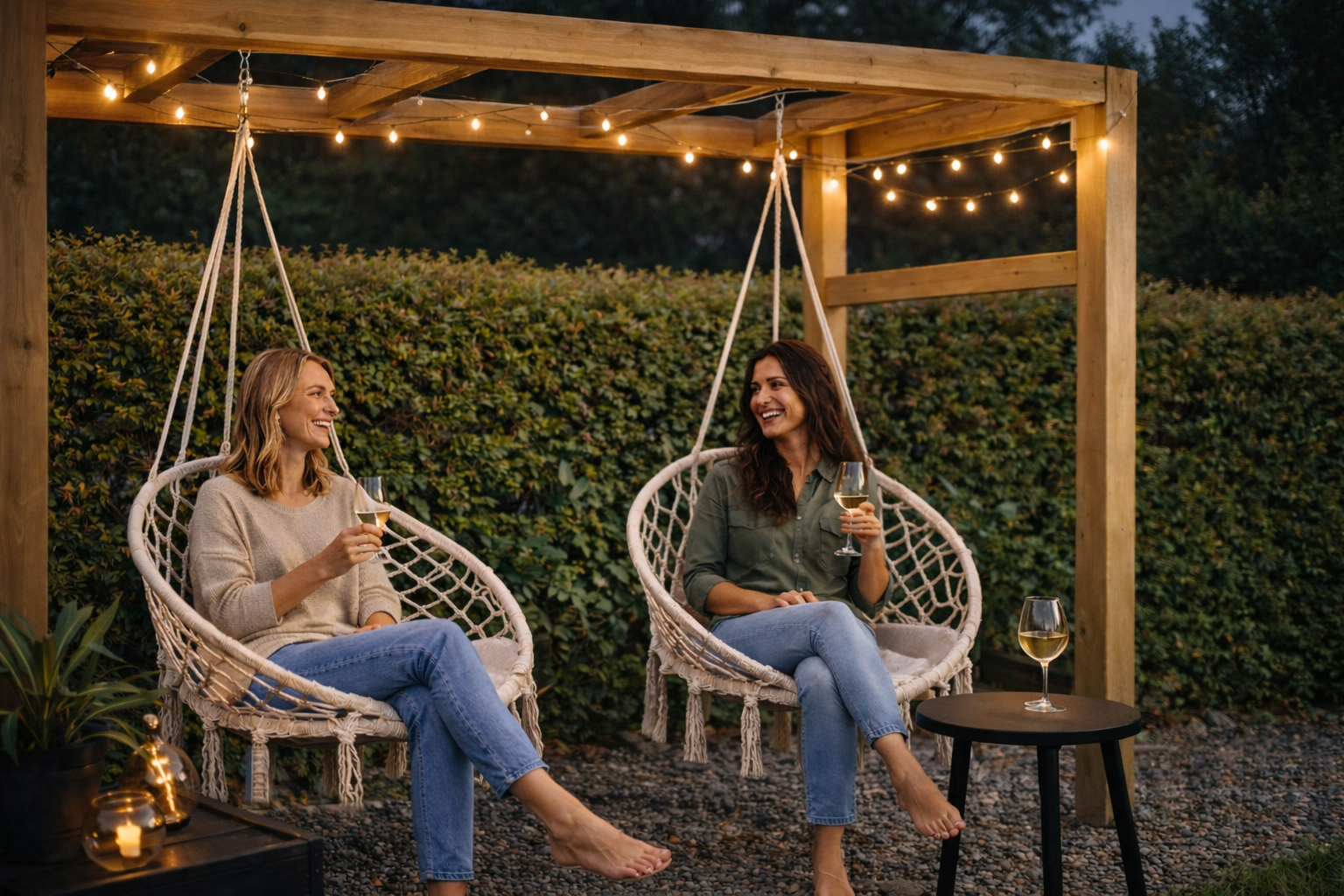 Utekino i hage brukt som sosial sone med hengestoler og belysning