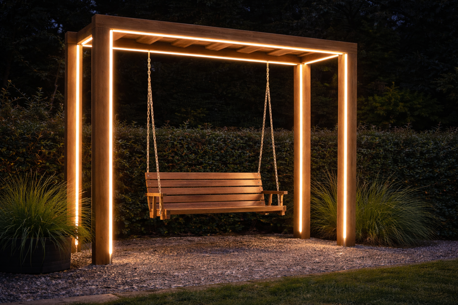 Utekino i hage med opplyst konstruksjon og hengende sittebenk
