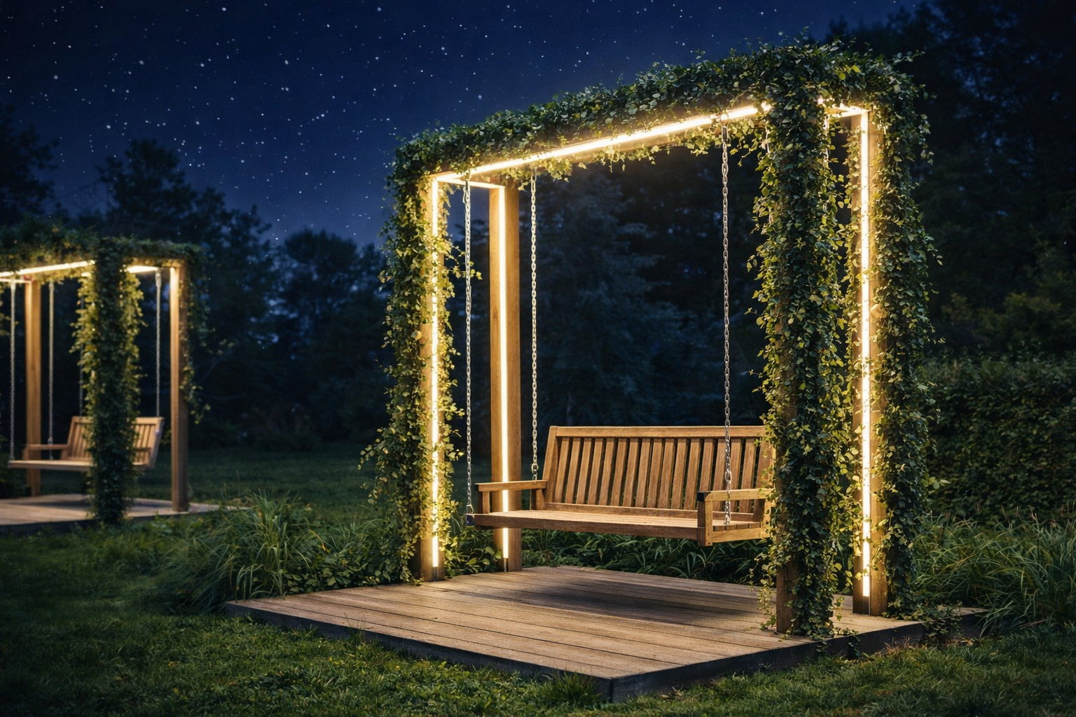 Utekino i hage med integrert LED-belysning og sitteplass