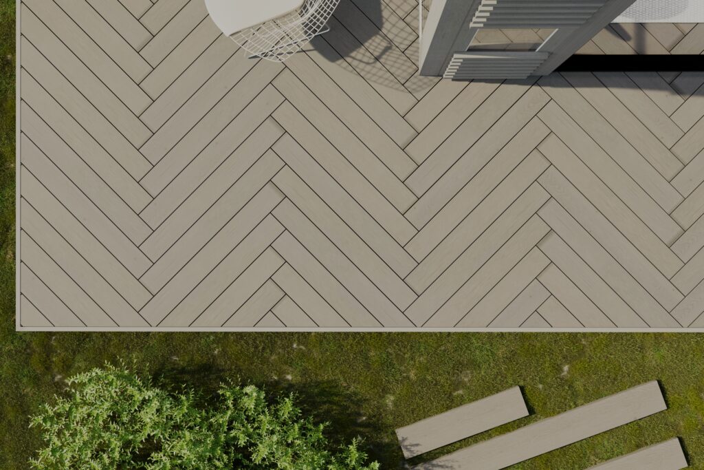 3D-visualisering av terrasse med fiskebein