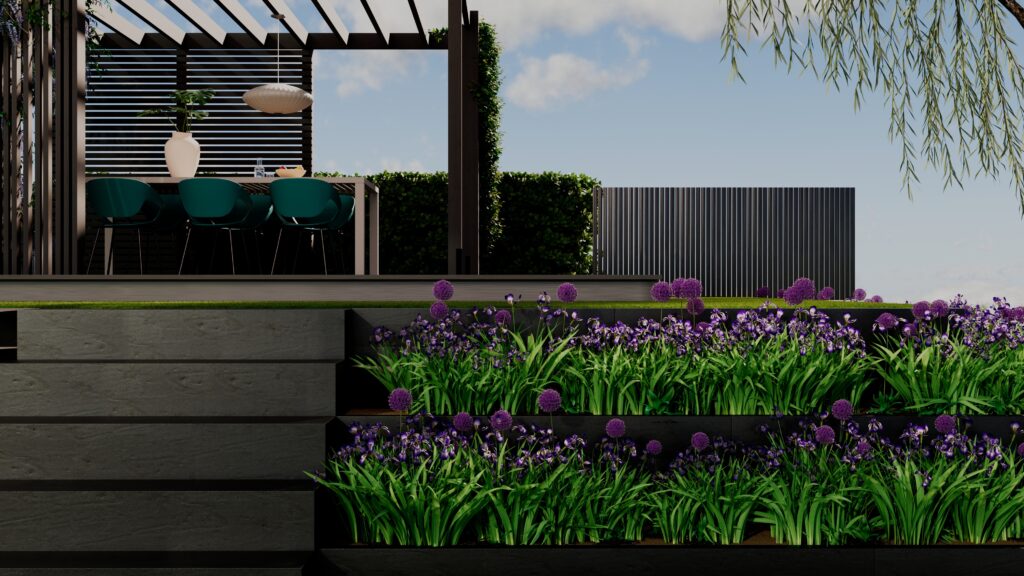 3D-visualisering - TWIST - Sviller liggende, gradert blomsterbedd med trapper